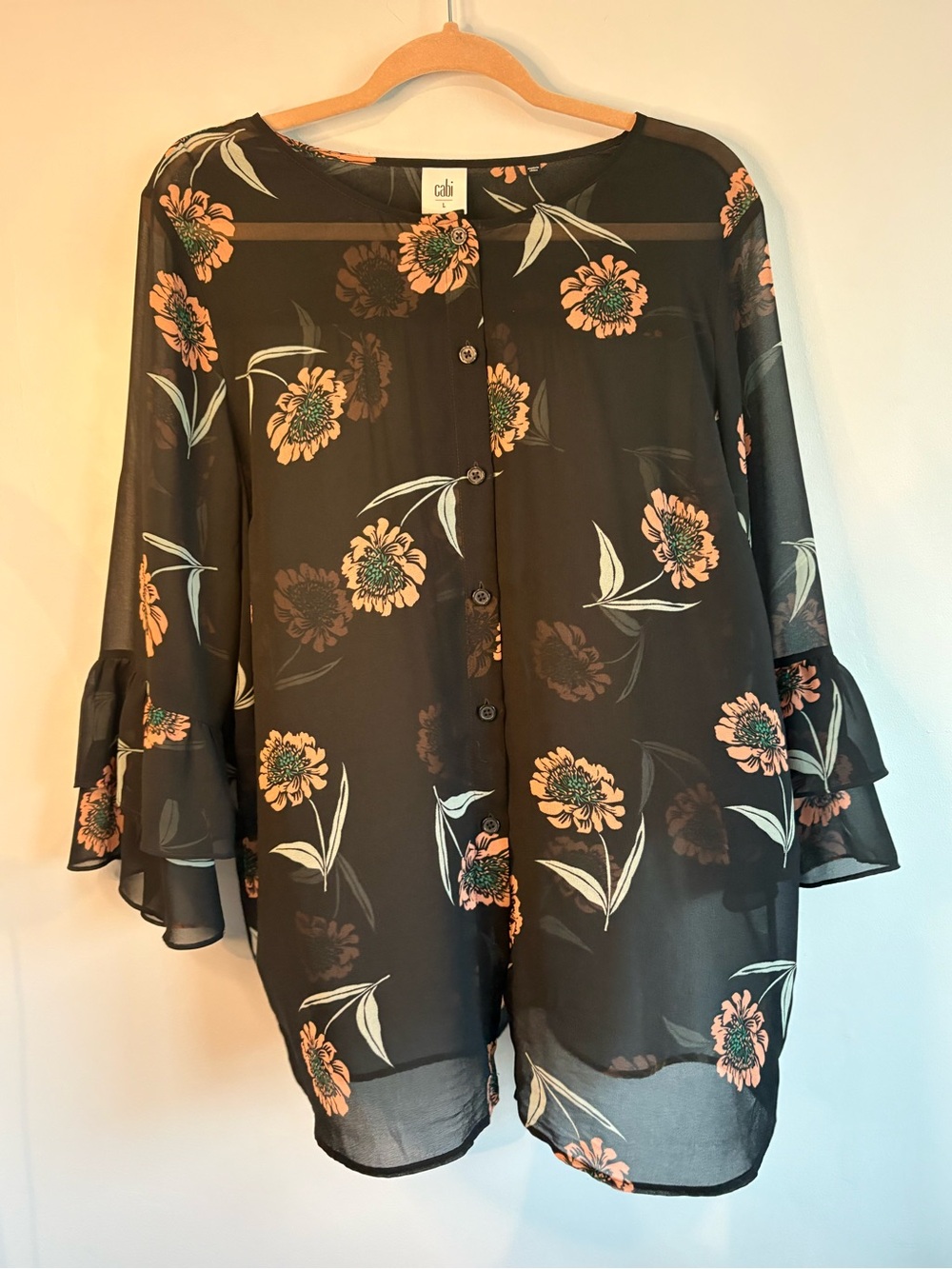 CAbi Black Sheer Floral Button-Front Tunic with Peach Flowers